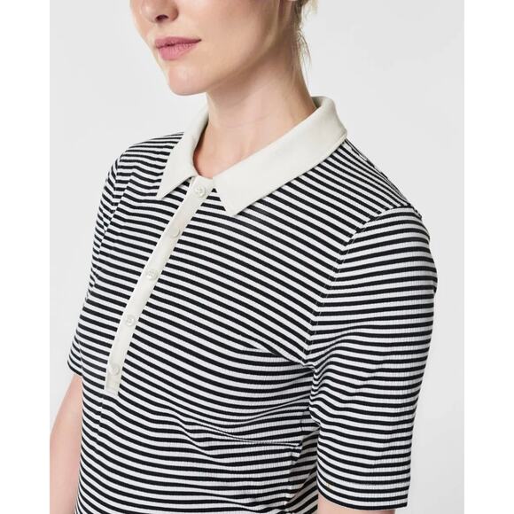 NWOT Spanx Stretch Rib Striped Polo Top XL Black White Button Collared Shirt - Picture 2 of 15